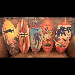 5 vintage design surfboards with 3 stands